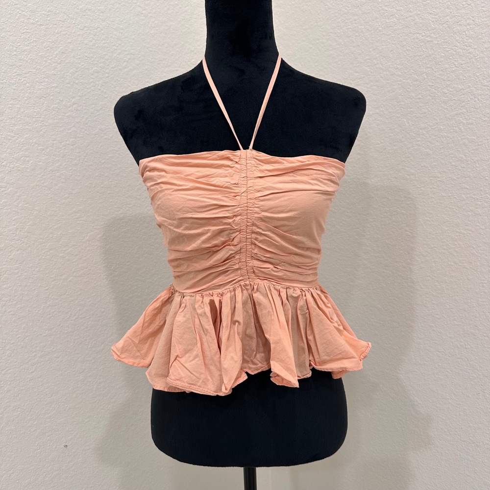 Mable Coral Valery Halter‎ Neck Strap Top Cotton Poplin Ruffle Smocked Small